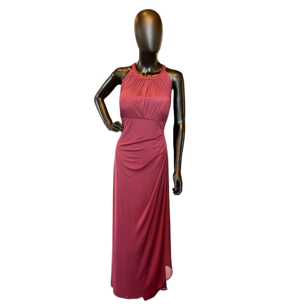 Maroon Halter Ruched Netting Formal Gown